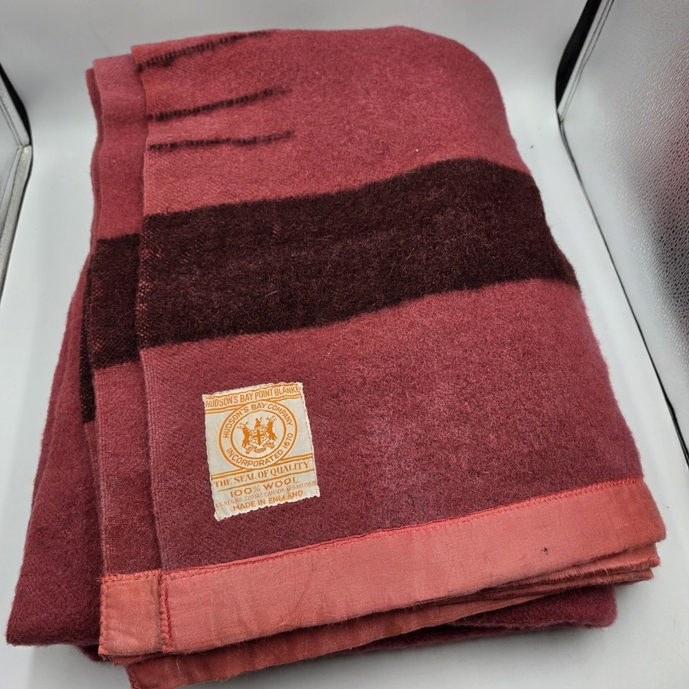 Vtg Hudson's Bay 4 Point Cranberry Maroon  Wool Blanket England 60x77 Satin Trim